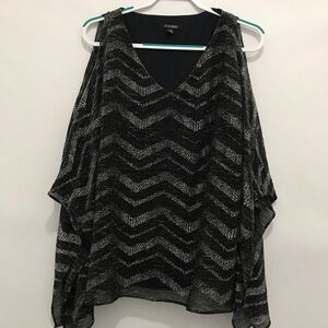 ROZ & ALI Womens Black Silver V Neck Flutter Sleeve Top 1X Tank Lined Tunic